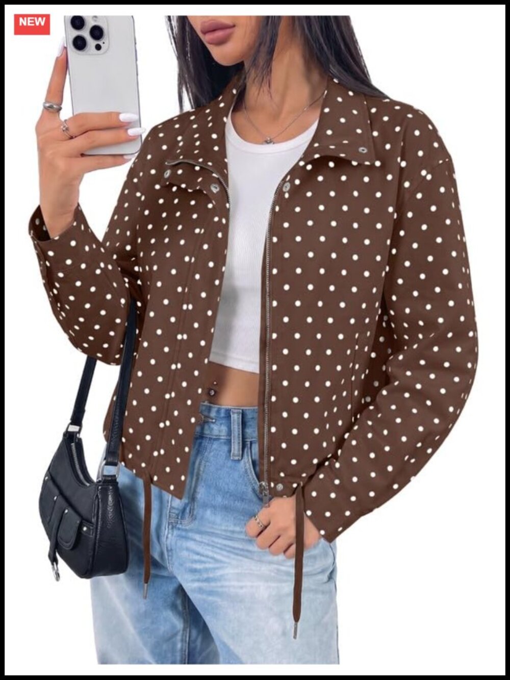 Women's Cropped Funnel Neck Full Zip Jacket Polka Dot Pockets